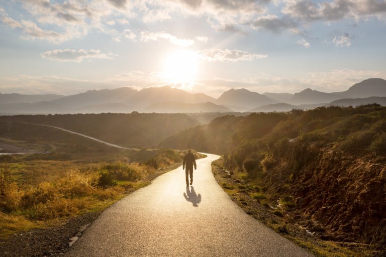 Person geht auf einem Weg durch Landschaft – Symbol für berufliche Neuorientierung und neue Perspektiven