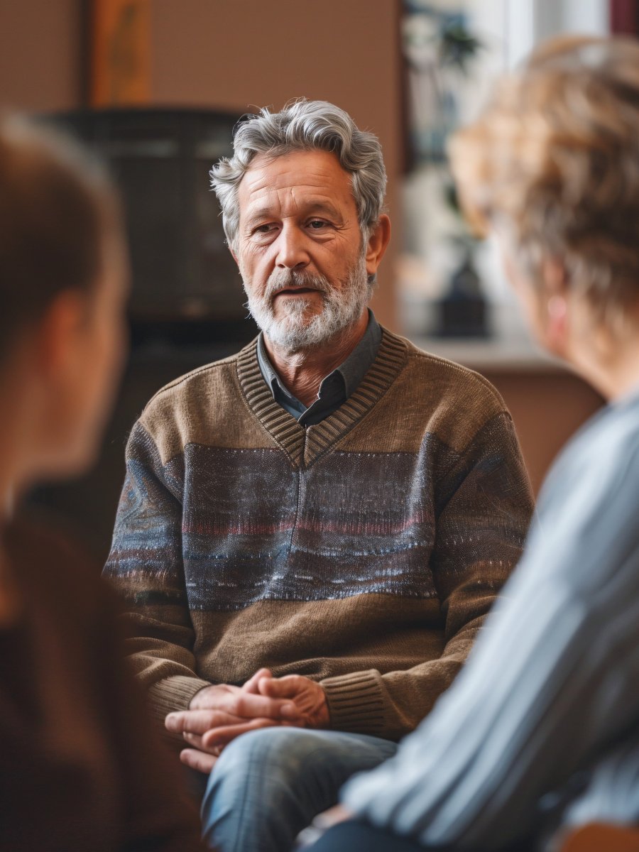 Person in moderierender Rolle im Gespräch mit zwei Beteiligten als Symbolbild für Mediation in Rheinhessen