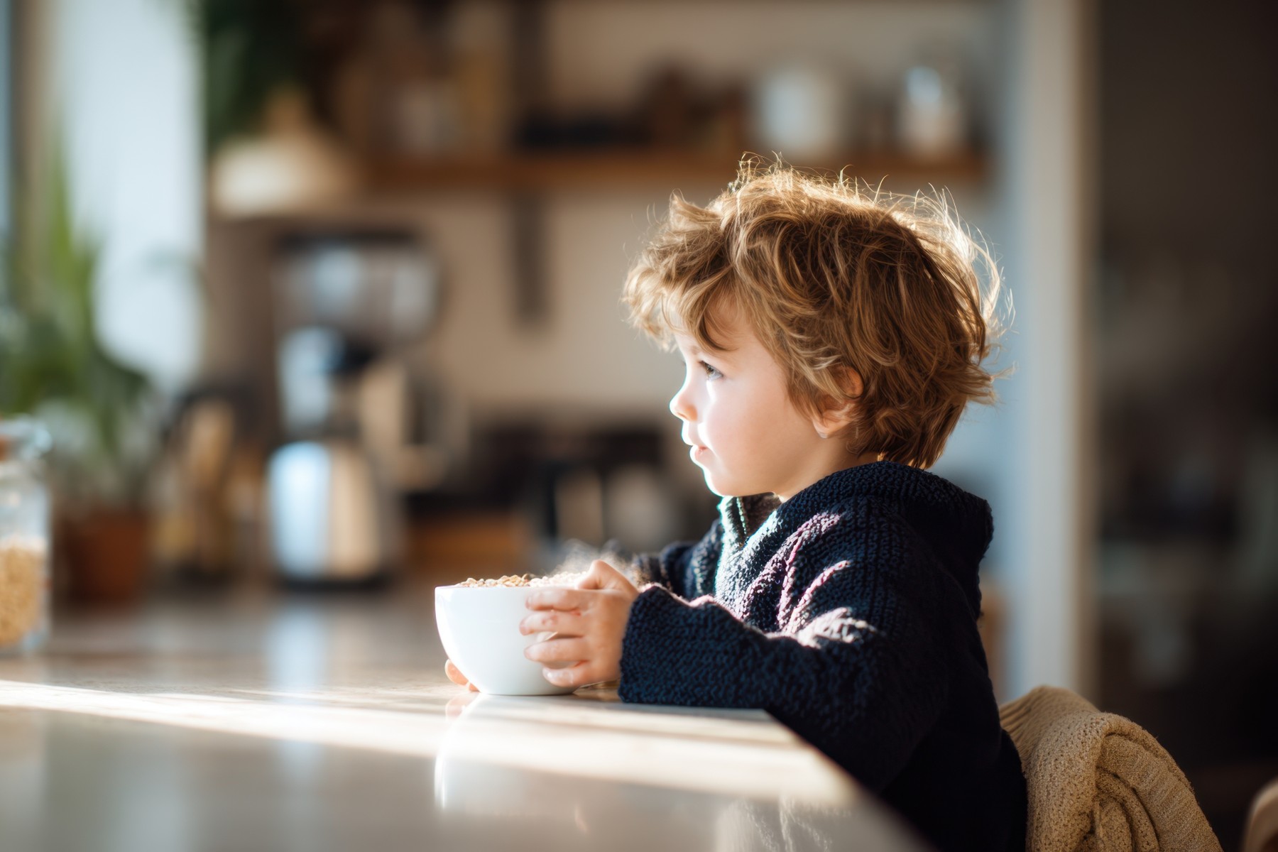 Kind sitzt allein an einem Küchentisch und hält eine Schüssel im warmen Morgenlicht.