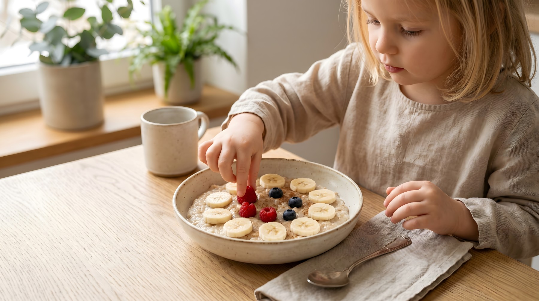 Kleines Mädchen sitzt allein am Holztisch und belegt seine Porridge-Schüssel mit Früchten — ruhige Küche im Morgenlicht.