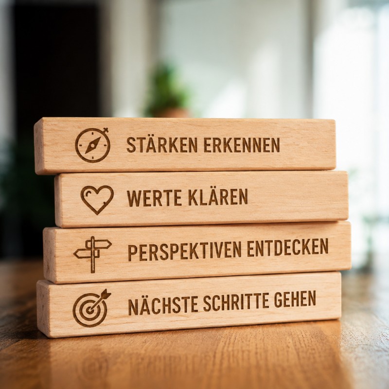 Holzklötze mit Stärken erkennen, Werte klären, Perspektiven entdecken und nächste Schritte gehen als Symbol für Berufsorientierung.