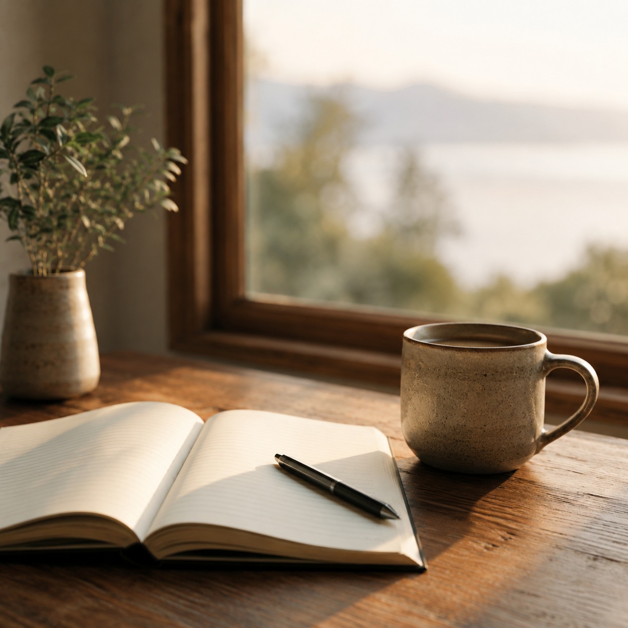 Notizbuch und Tasse auf einem Holztisch am Fenster im warmen Licht